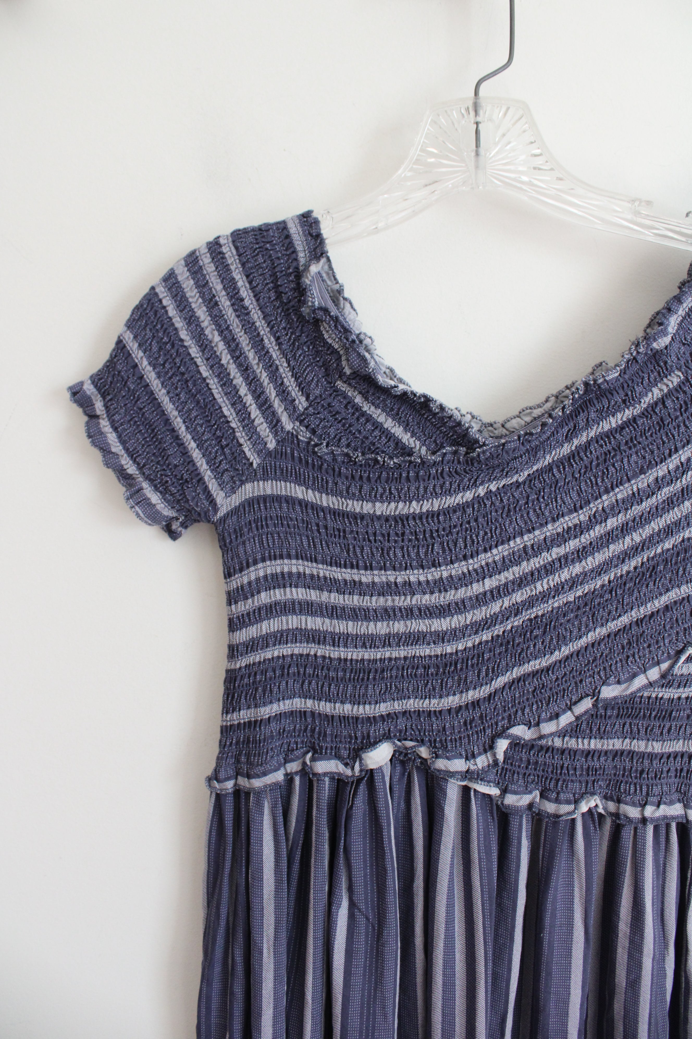 Japna Blue Striped Smocked Off-The-Shoulder Dress | S