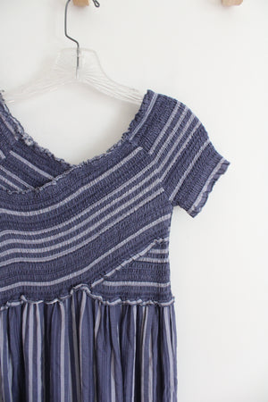 Japna Blue Striped Smocked Off-The-Shoulder Dress | S