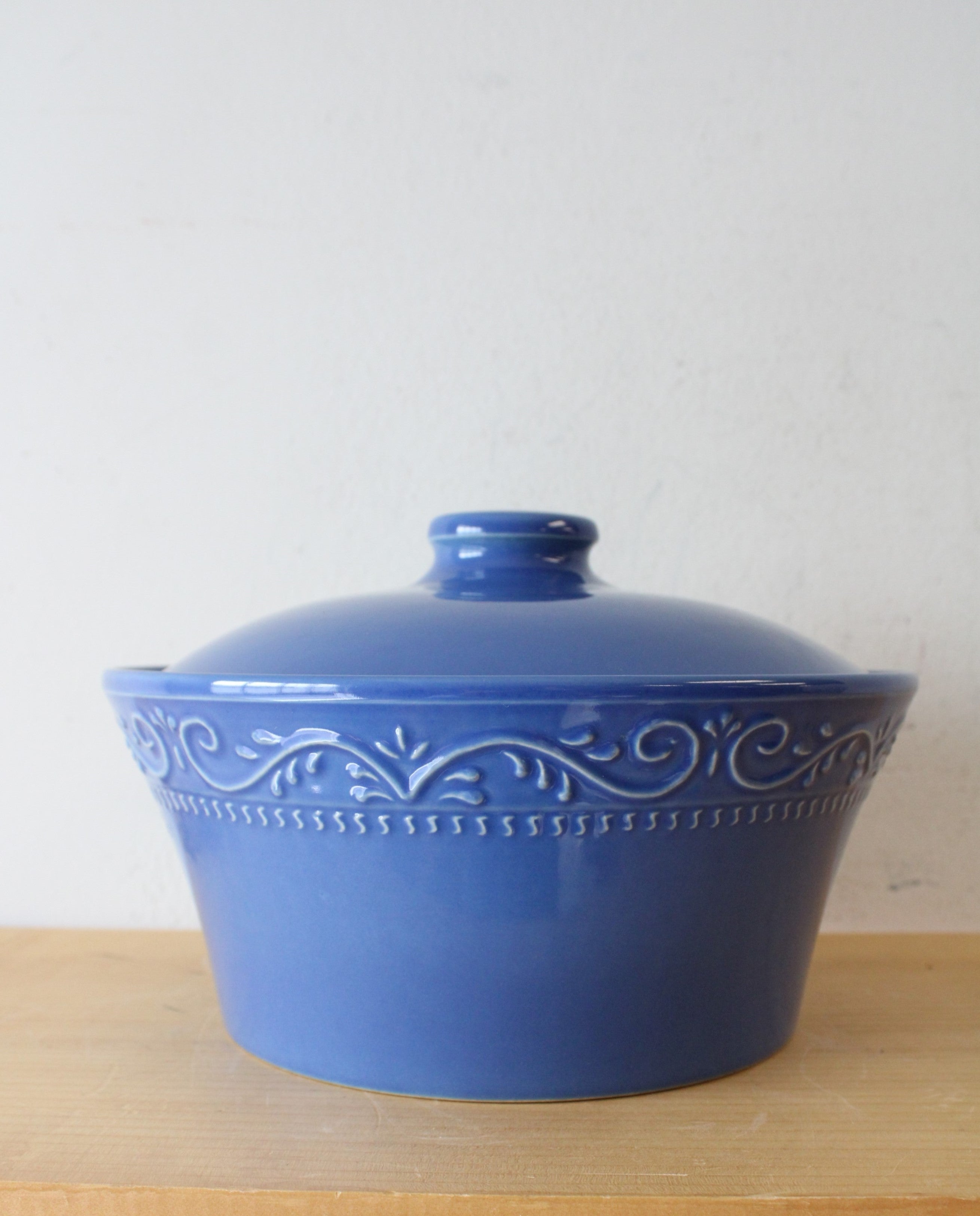 Sur La Table Etched Blue Round Stoneware Covered Dish