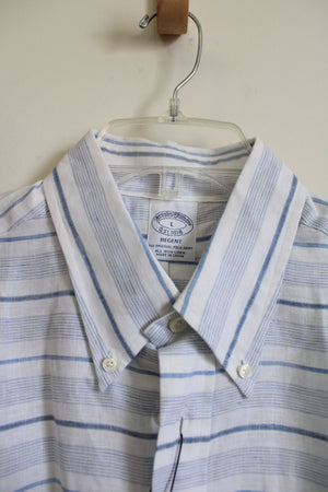 NEW Brooks Brothers Regent Blue White Striped Linen Button Down Shirt | L
