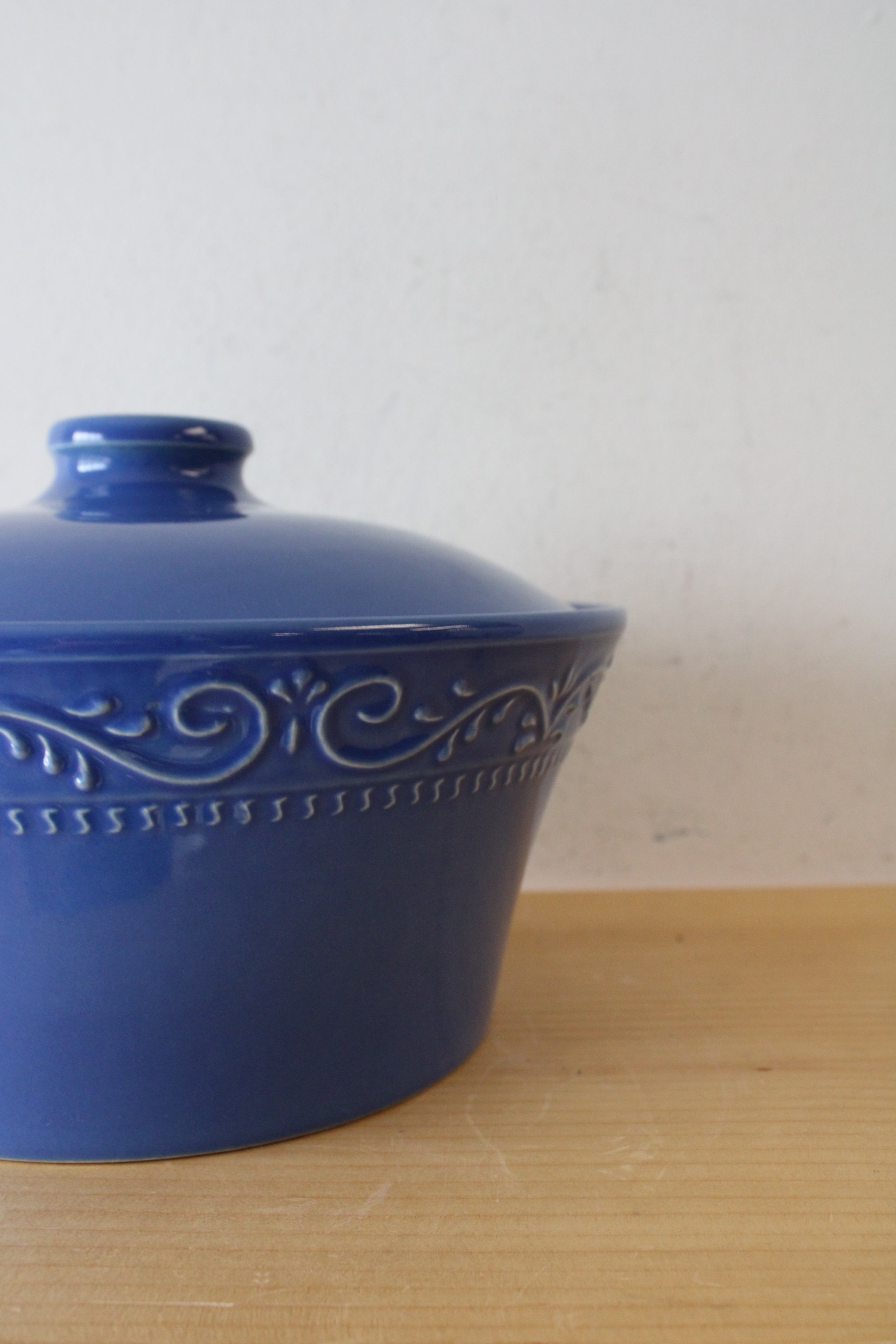 Sur La Table Etched Blue Round Stoneware Covered Dish