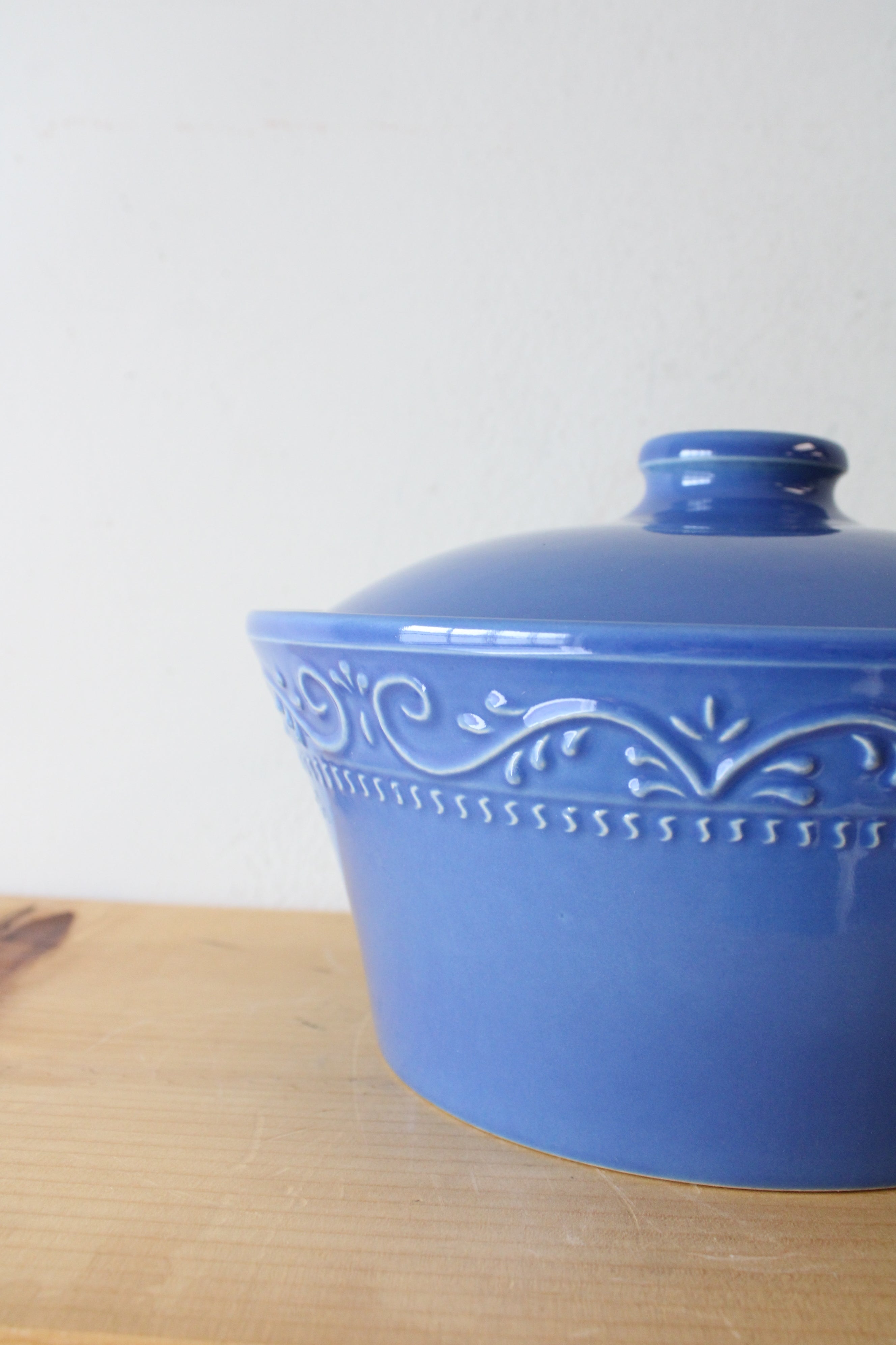 Sur La Table Etched Blue Round Stoneware Covered Dish