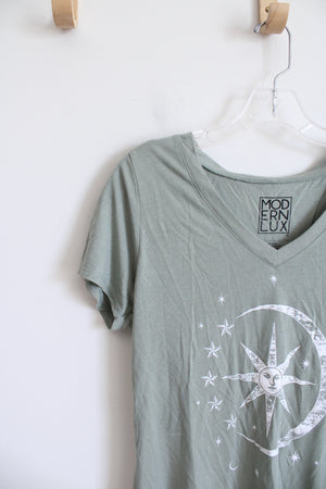 Modern Lux Sage Green Moon & Stars V-Neck Top | L