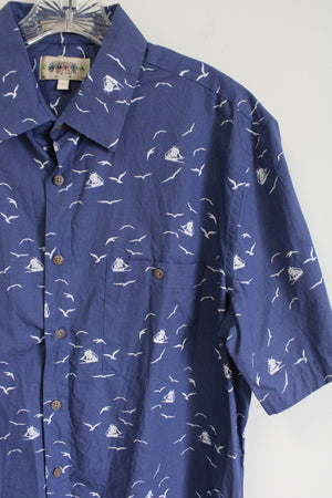 Campia Moda Blue Seagull Print Button Down Shirt | L