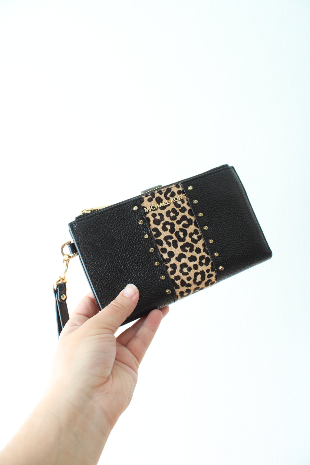 Michael Kors Black Leopard Print Gold Studded Adele Double ZIp Wristlet