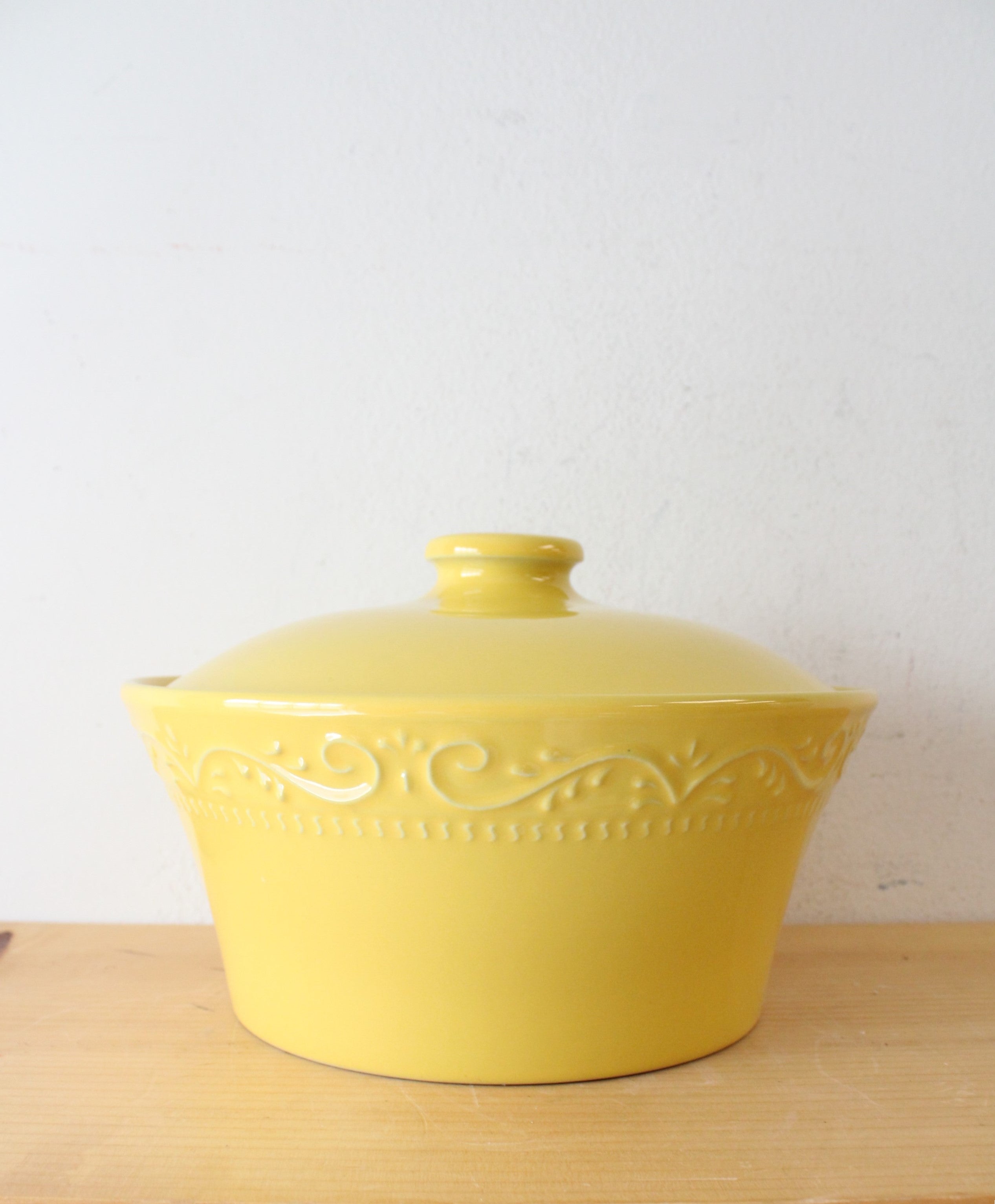 Sur La Table Etched Yellow Round Covered Dish