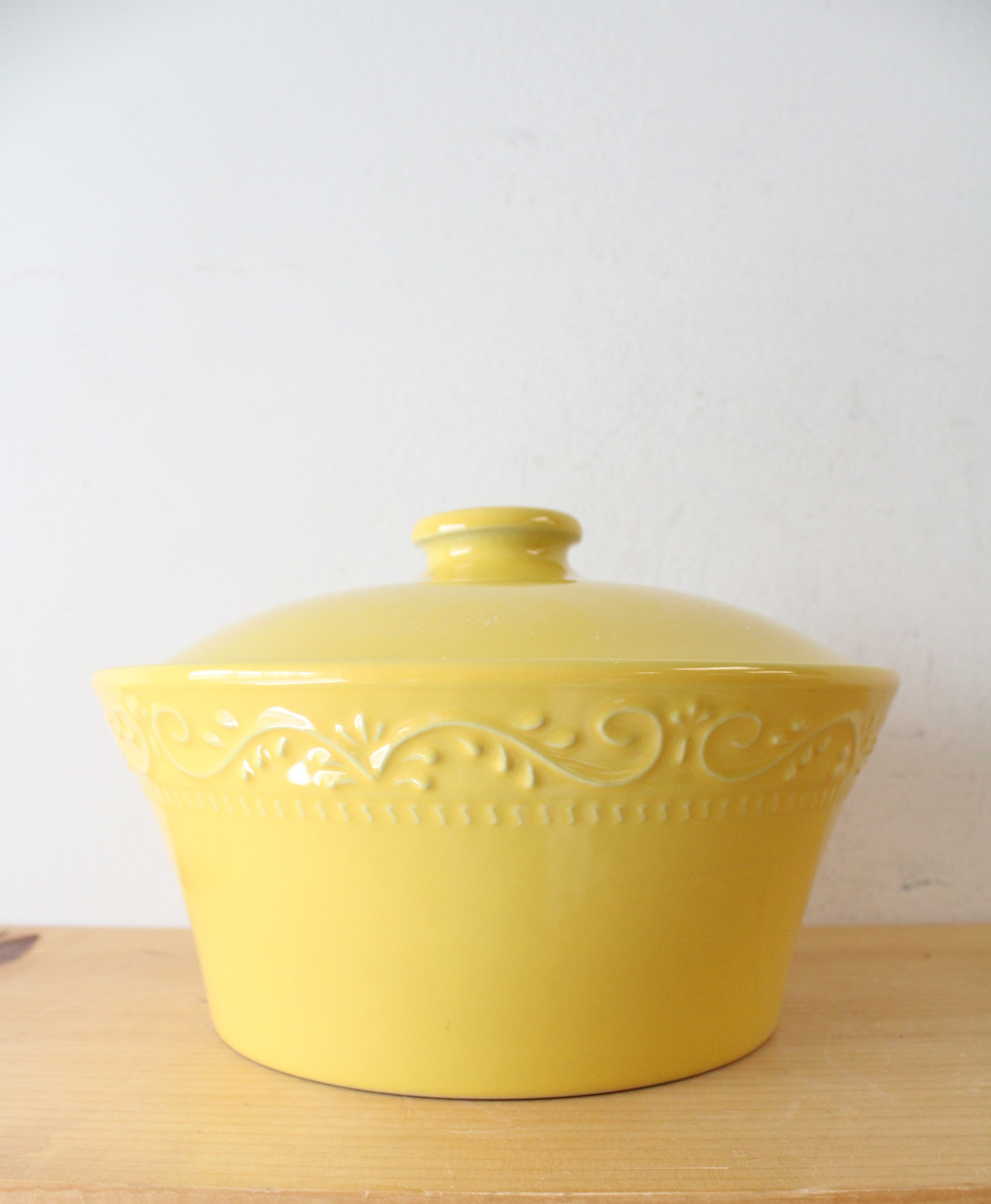 Sur La Table Etched Yellow Round Covered Dish