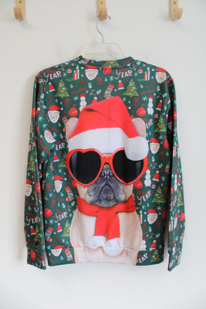 Green & Red Pug Wearing Santa Hat & Sunglasses Sweatshirt | S