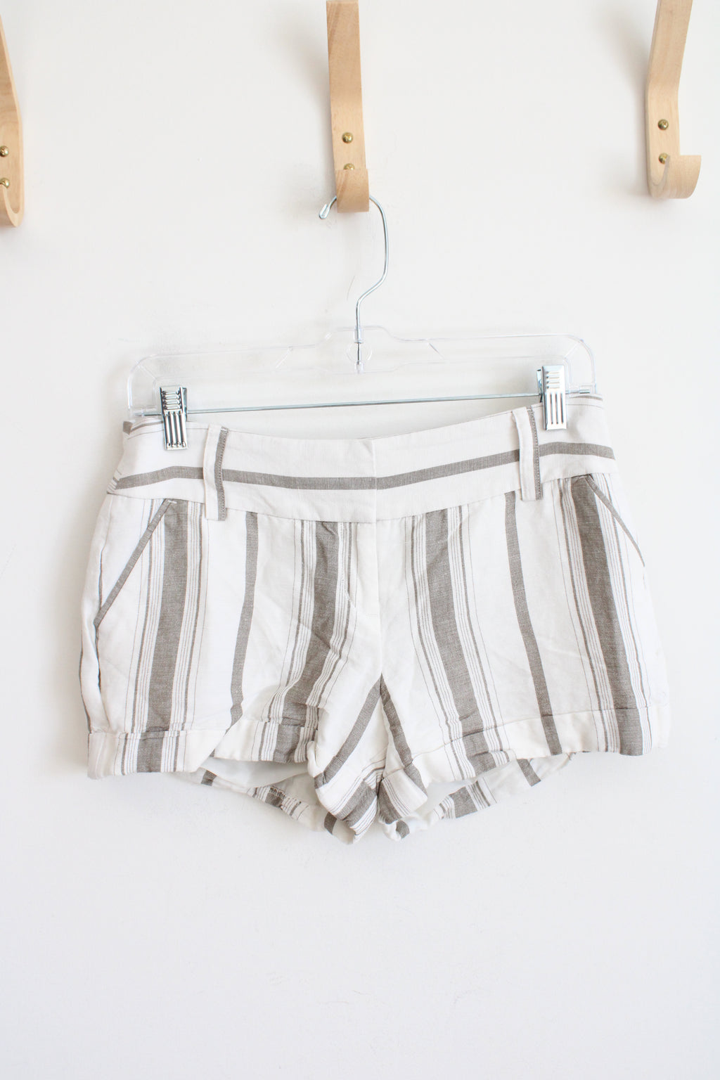 Express Cream & Tan Striped Linen Blend Shorts | 2