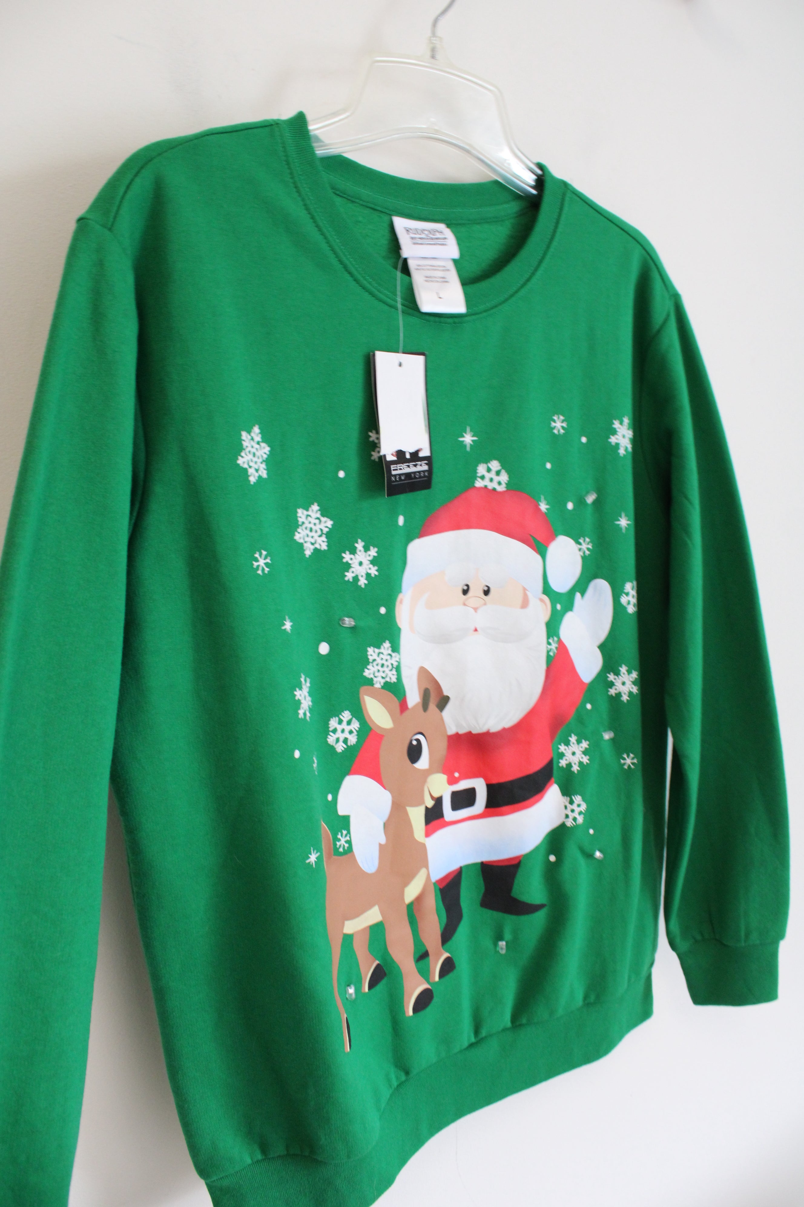 NEW Freeze New York Rudolph The Red Nosed Reindeer & Santa Green Sweatshirt | L