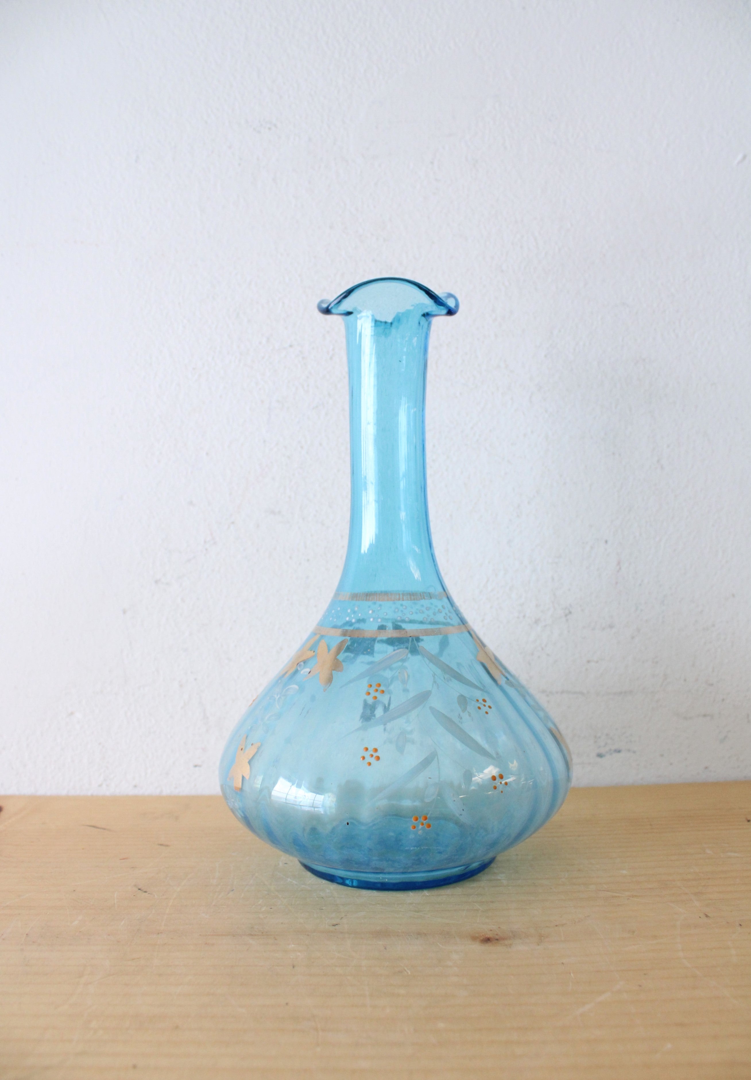 Hand Painted & Bronze Floral Clear Blue Glass Vase