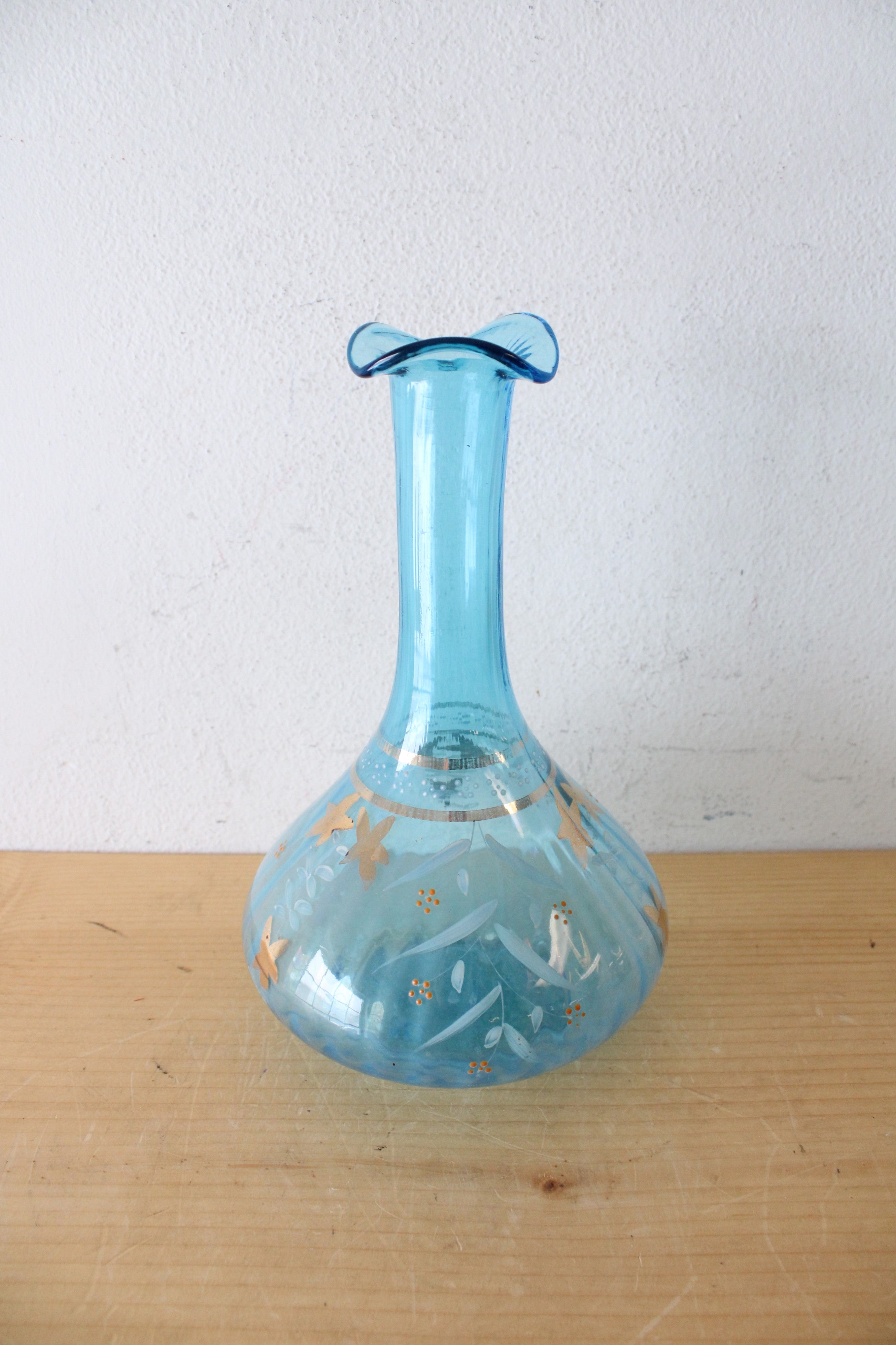 Hand Painted & Bronze Floral Clear Blue Glass Vase