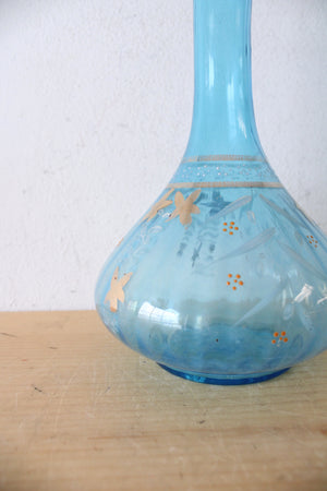 Hand Painted & Bronze Floral Clear Blue Glass Vase