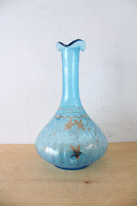 Hand Painted & Bronze Floral Clear Blue Glass Vase