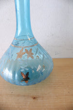 Hand Painted & Bronze Floral Clear Blue Glass Vase