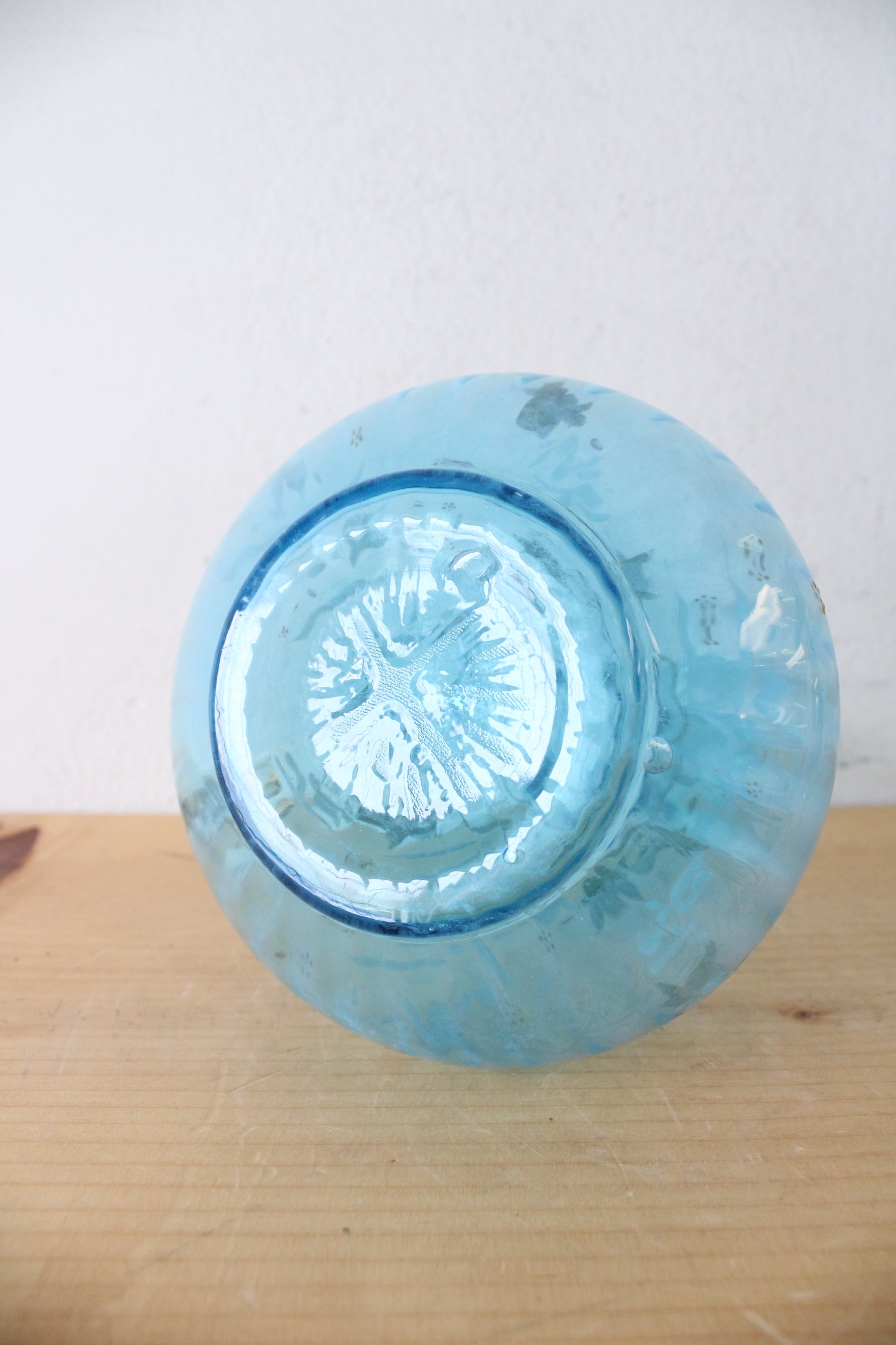 Hand Painted & Bronze Floral Clear Blue Glass Vase