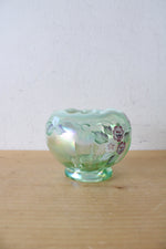 Fenton Vintage Hand Painted Iridescent Green Glass Ruffled Edged Small Bowl