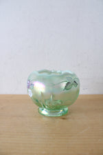 Fenton Vintage Hand Painted Iridescent Green Glass Ruffled Edged Small Bowl