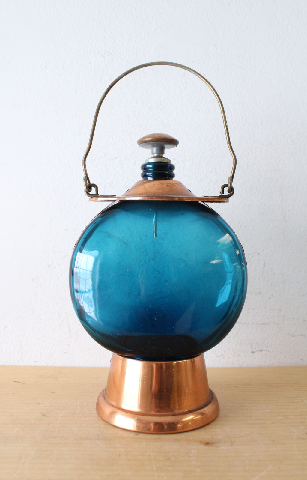 Vintage Blue Glass & Copper Lantern Musical Decanter