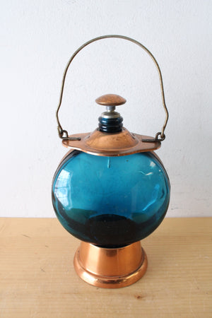 Vintage Blue Glass & Copper Lantern Musical Decanter