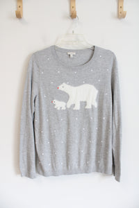 Talbots Fuzzy White Polar Bear Gray Dotted Sweater | L