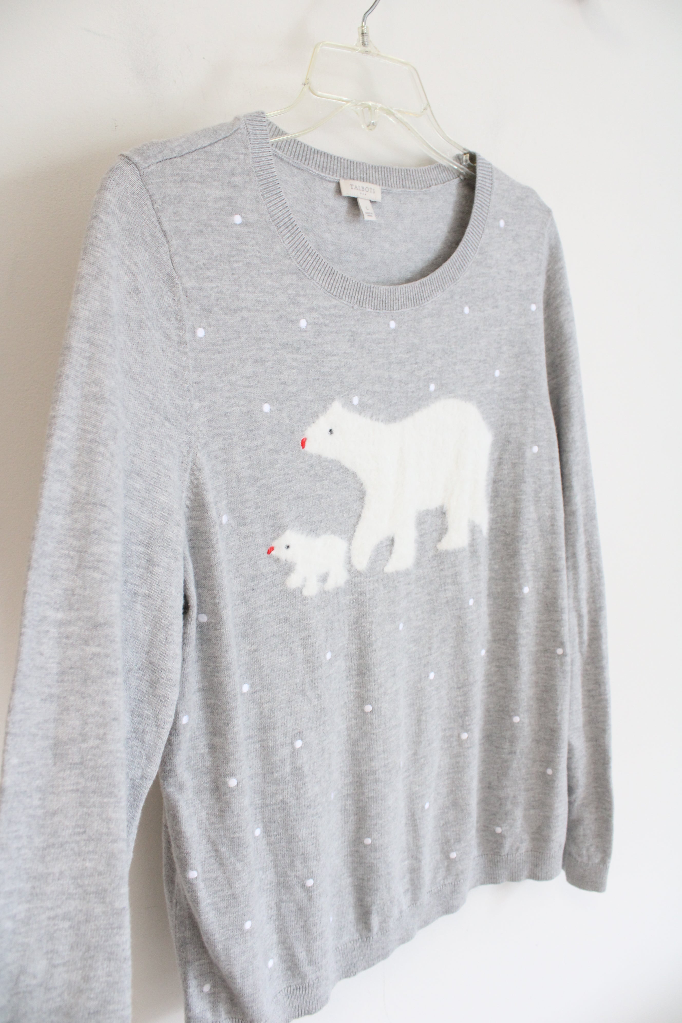 Talbots Fuzzy White Polar Bear Gray Dotted Sweater | L