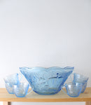 Kig Indonesia Vintage Fruit Patterned Blue Clear Glass Punch Bowl & Cup Set