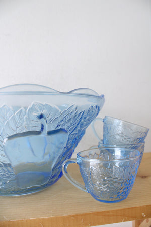 Kig Indonesia Vintage Fruit Patterned Blue Clear Glass Punch Bowl & Cup Set