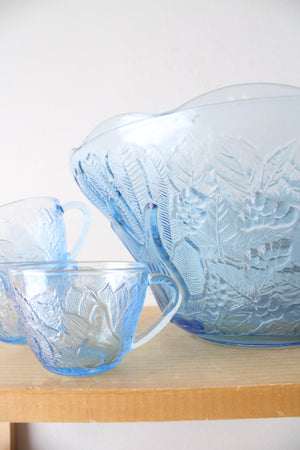 Kig Indonesia Vintage Fruit Patterned Blue Clear Glass Punch Bowl & Cup Set