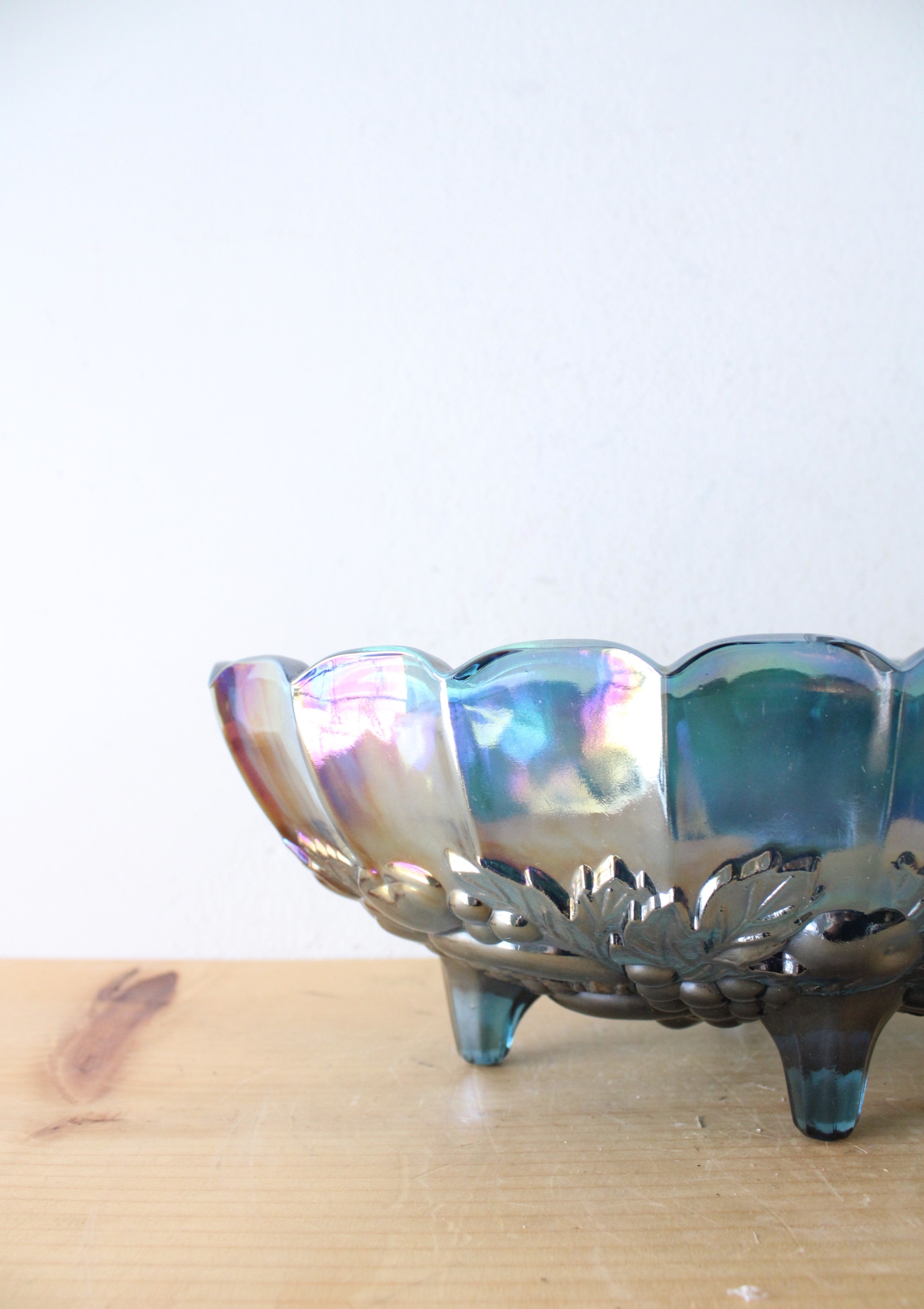 Indiana Glass Vintage Harvest Grape Blue Iridescent Carnival Glass Oval Footed Serving Dish