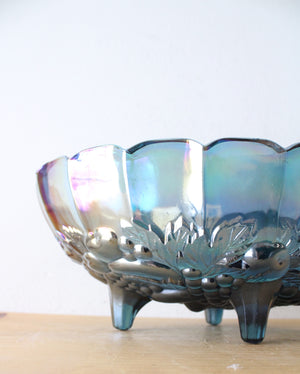 Indiana Glass Vintage Harvest Grape Blue Iridescent Carnival Glass Oval Footed Serving Dish