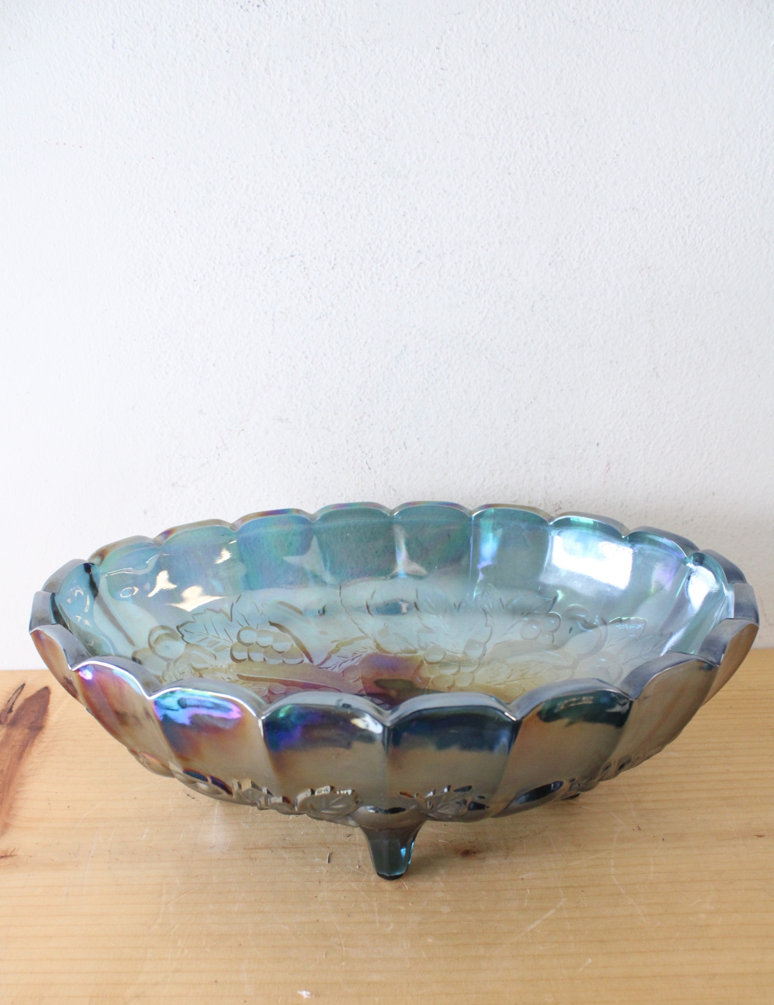 Indiana Glass Vintage Harvest Grape Blue Iridescent Carnival Glass Oval Footed Serving Dish