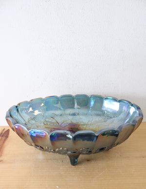 Indiana Glass Vintage Harvest Grape Blue Iridescent Carnival Glass Oval Footed Serving Dish