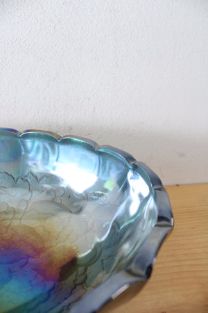 Indiana Glass Vintage Harvest Grape Blue Iridescent Carnival Glass Oval Footed Serving Dish