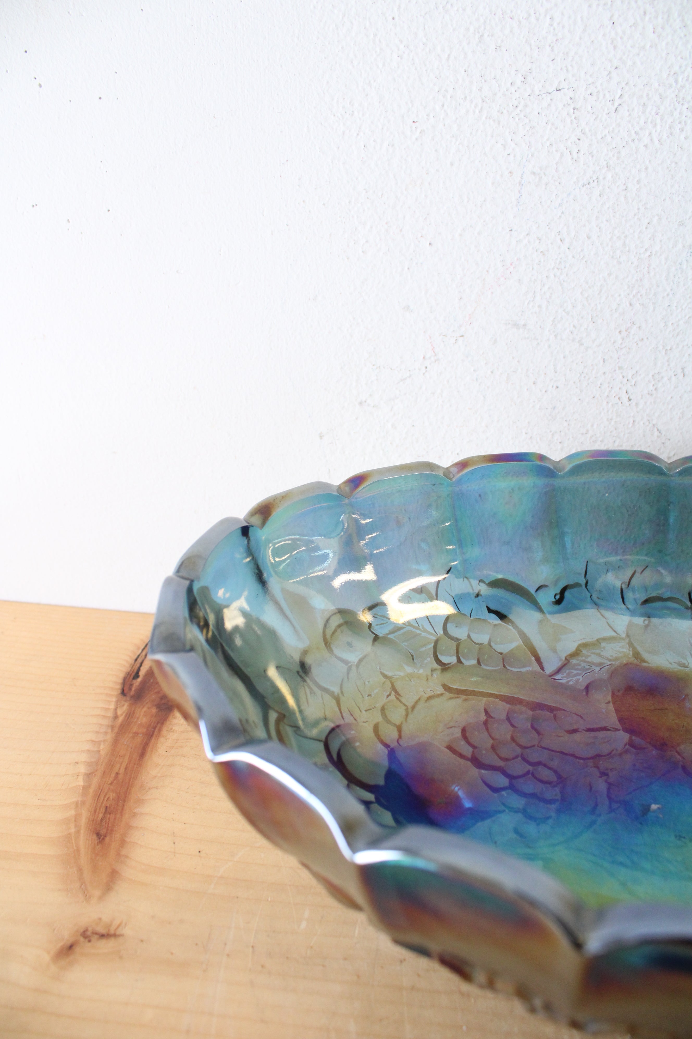 Indiana Glass Vintage Harvest Grape Blue Iridescent Carnival Glass Oval Footed Serving Dish