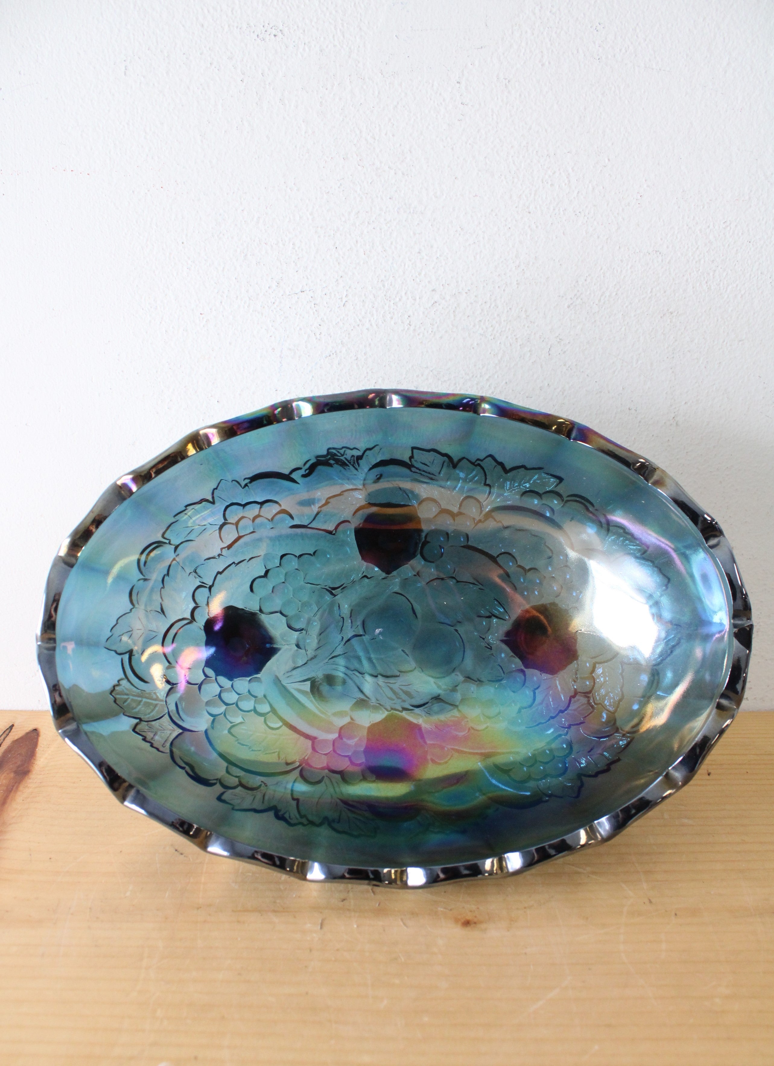 Indiana Glass Vintage Harvest Grape Blue Iridescent Carnival Glass Oval Footed Serving Dish