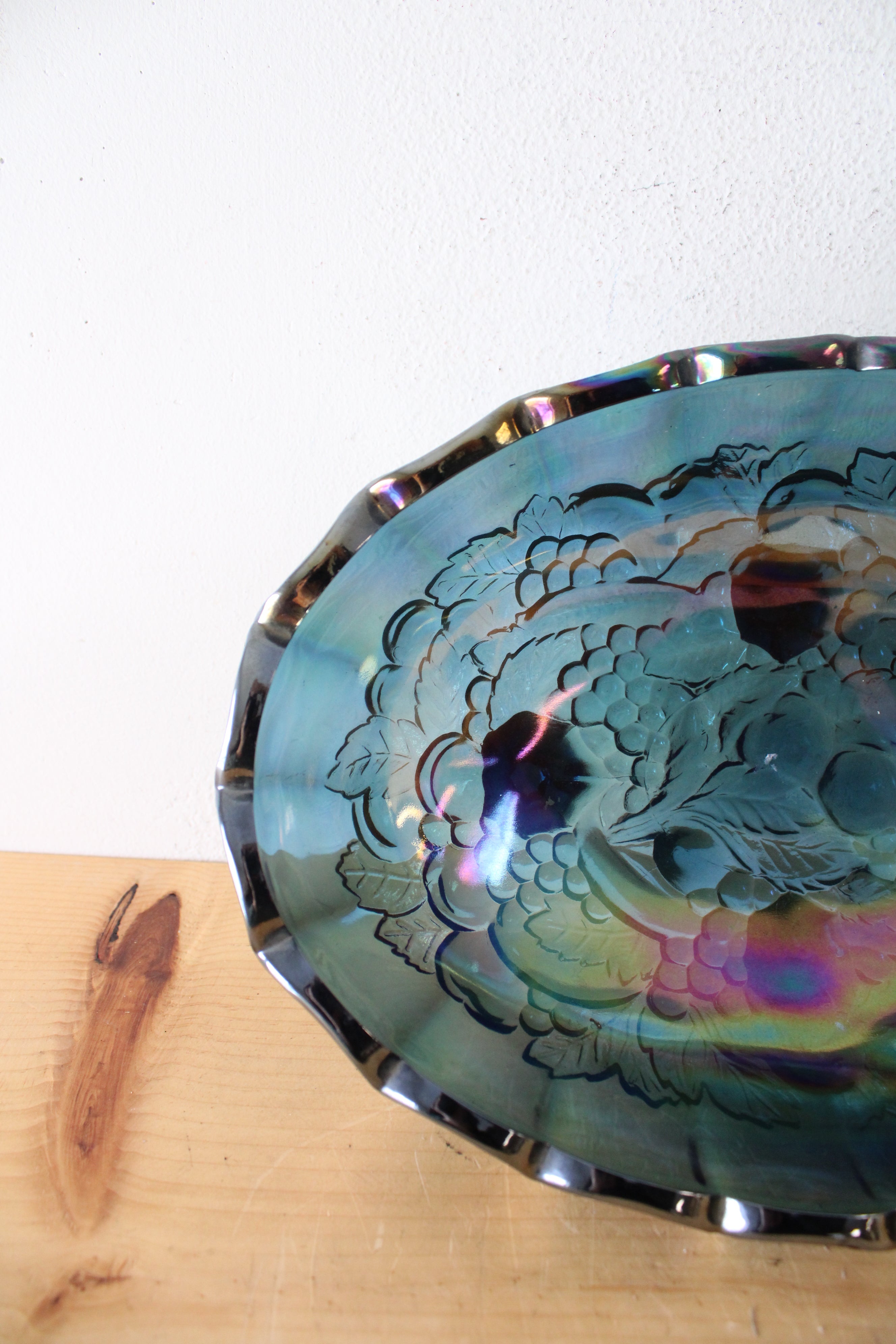 Indiana Glass Vintage Harvest Grape Blue Iridescent Carnival Glass Oval Footed Serving Dish