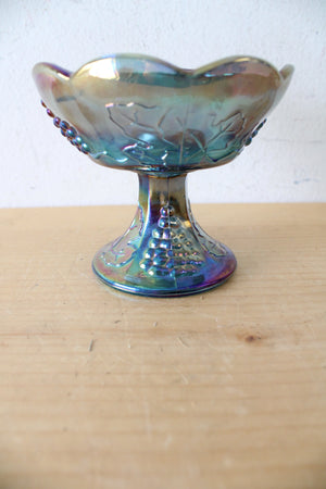 Indiana Glass Vintage Harvest Grape Blue Iridescent Carnival Glass Candle Holder