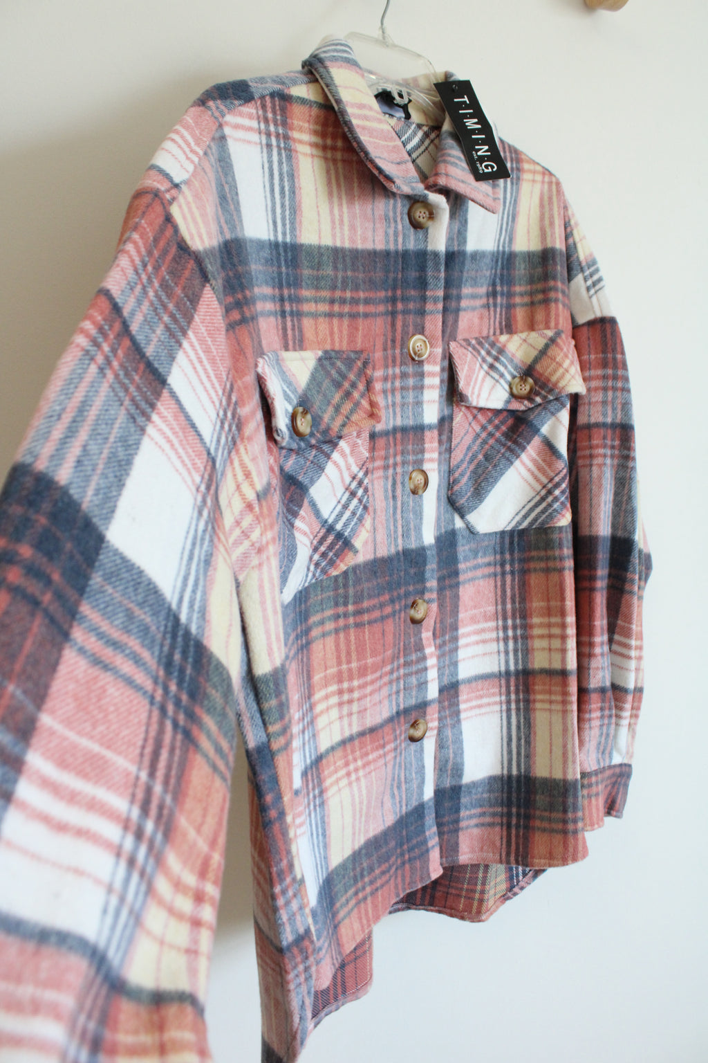 NEW Timing Pink Blue Plaid Shacket | M