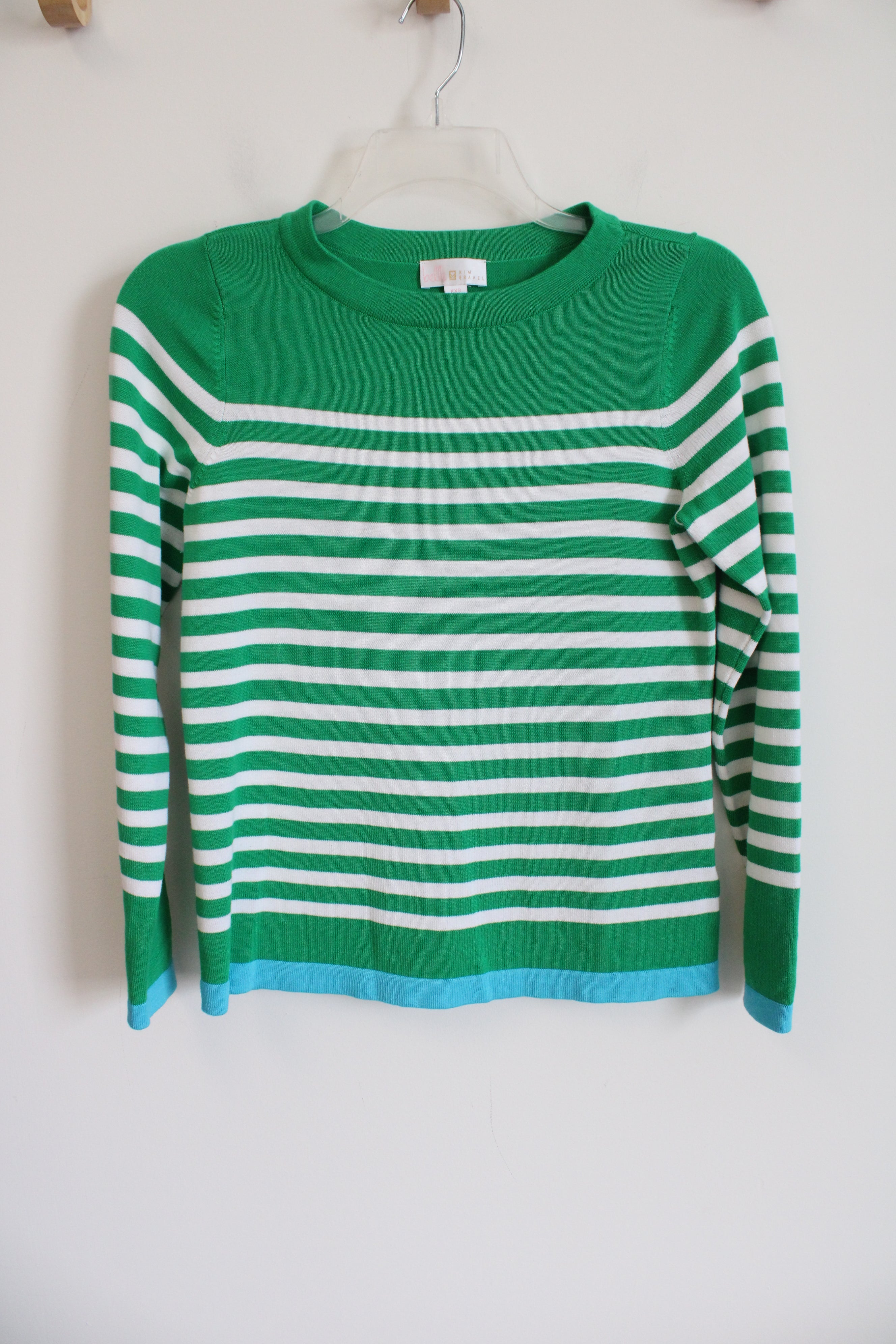 Belle Kim Gravel Green White Striped Knit Sweater | XXS