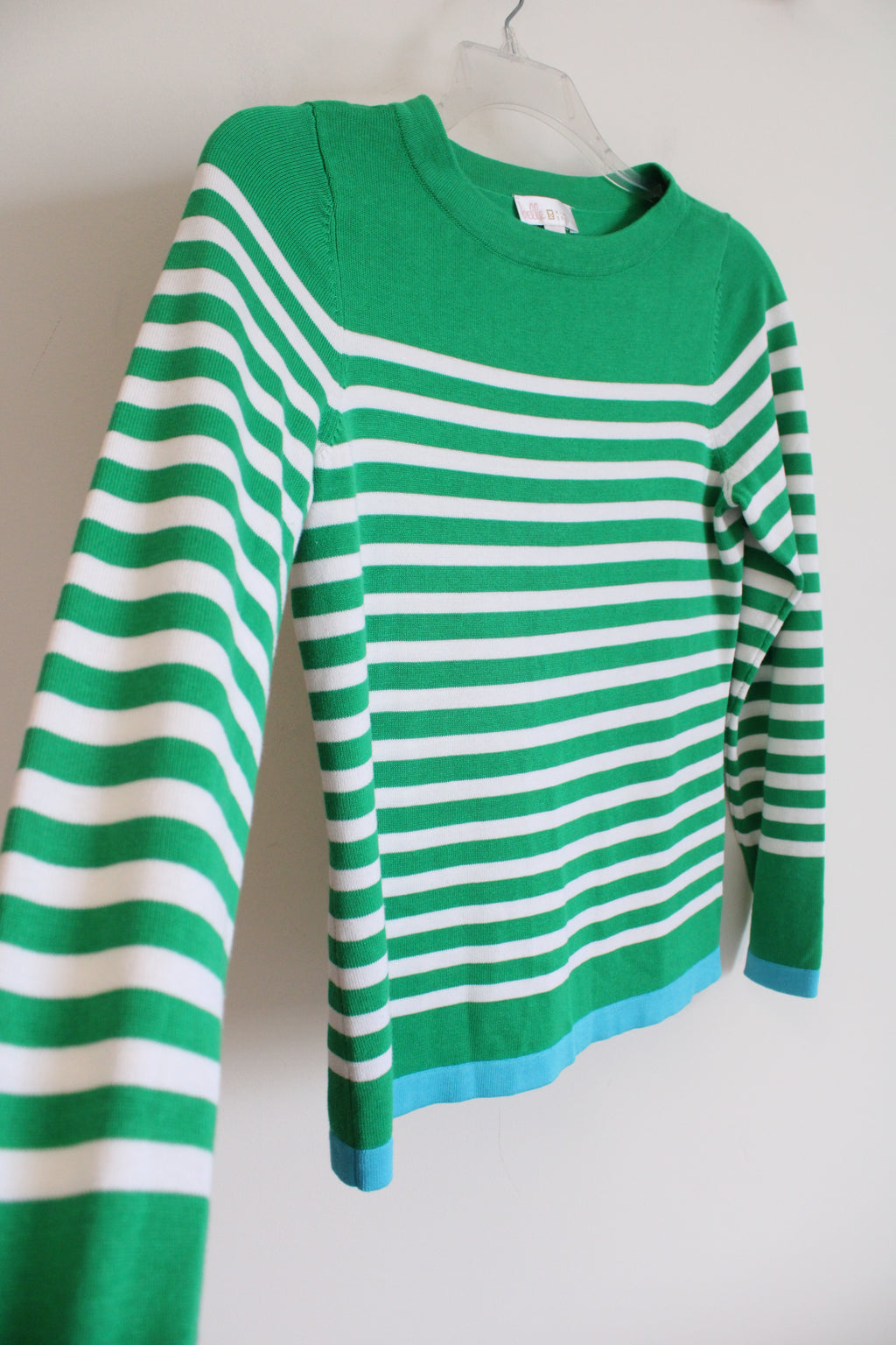 Belle Kim Gravel Green White Striped Knit Sweater | XXS