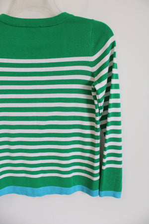 Belle Kim Gravel Green White Striped Knit Sweater | XXS