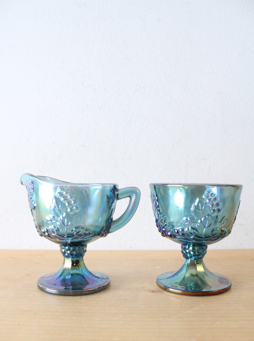 Indiana Glass Vintage Harvest Grape Blue Iridescent Carnival Glass Cream & Sugar Set