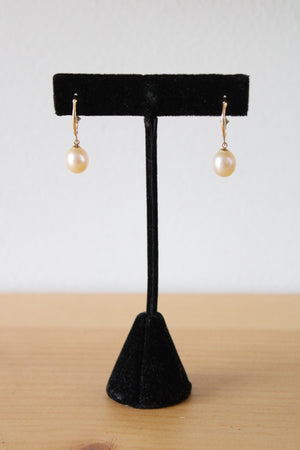 Yellow 14K Gold Genuine Pearl Dangle Earrings