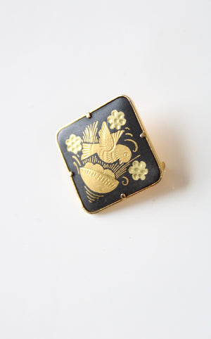 Black Gold Etched Bird Motif Damascene Brooch Pin