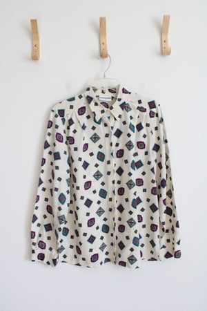 Alfred Dunner Vintage Cream & Purple Square Patterned Button Down Top | 12