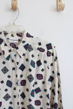 Alfred Dunner Vintage Cream & Purple Square Patterned Button Down Top | 12