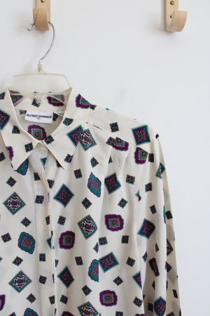 Alfred Dunner Vintage Cream & Purple Square Patterned Button Down Top | 12