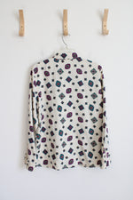 Alfred Dunner Vintage Cream & Purple Square Patterned Button Down Top | 12