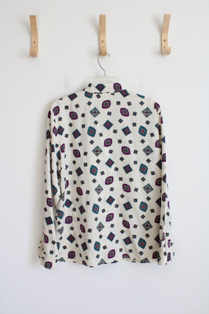 Alfred Dunner Vintage Cream & Purple Square Patterned Button Down Top | 12